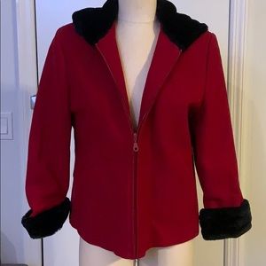 Red zip up wool coat with faux black fur
